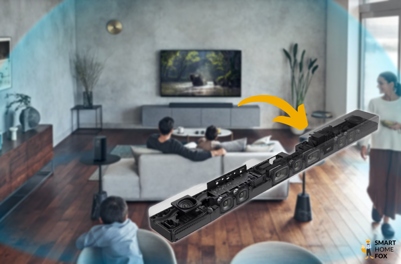 Familie sitzt vor Fernseher und Sony HT A7000 Soundbar ohne Abdeckung